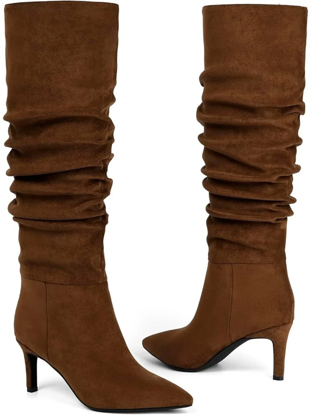 Women's Slouchy Brown Suede Pointed Toe Faux Leather Stiletto Over The Knee Boot